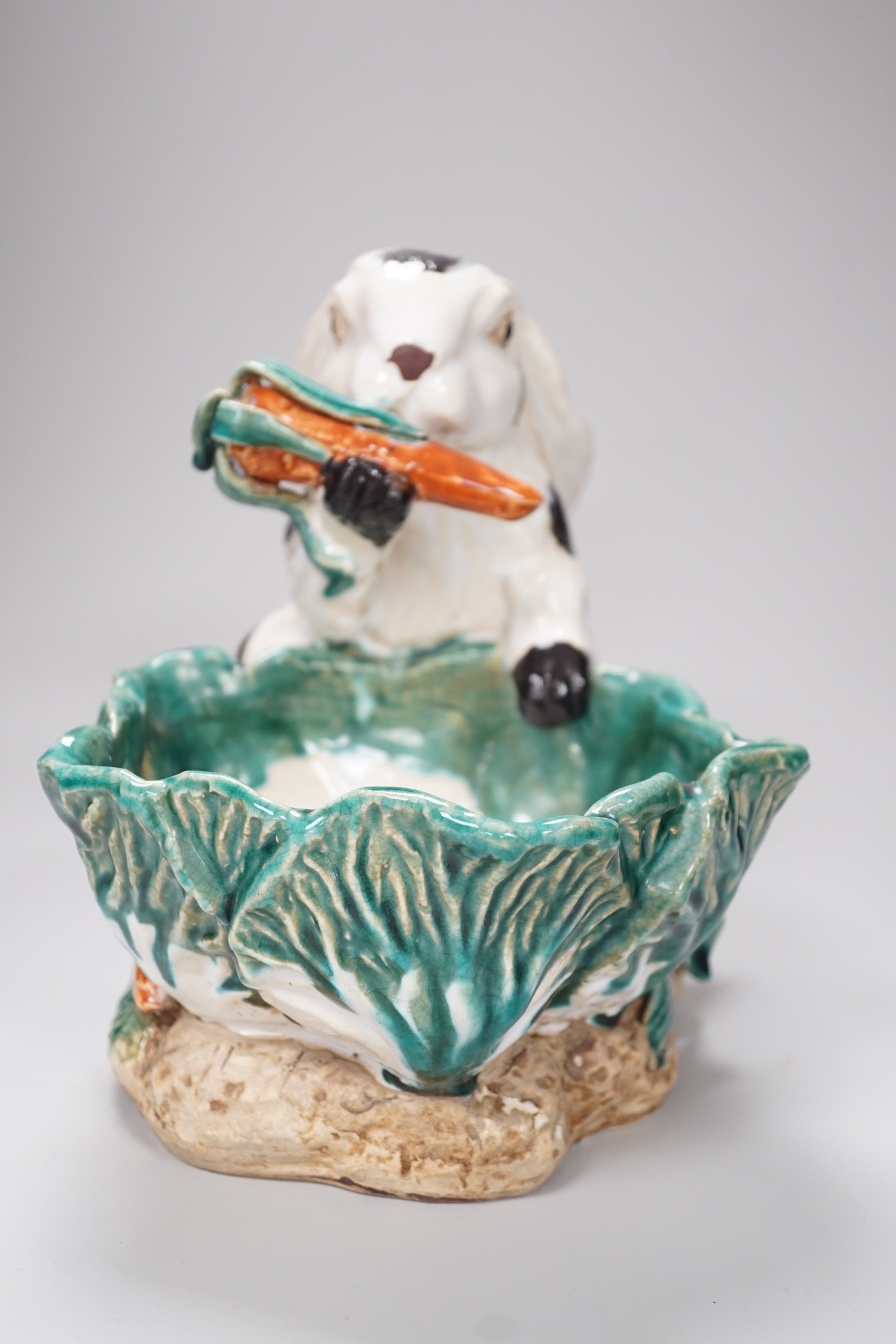 An unusual late 19th century Continental majolica 'rabbit' dish. 26cm high